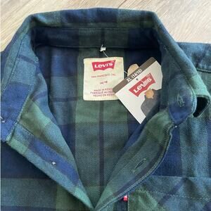 NWT Levi’s Boys Youth Flannel Long Sleeve Shirt Blue Green Plaid XL 14–16